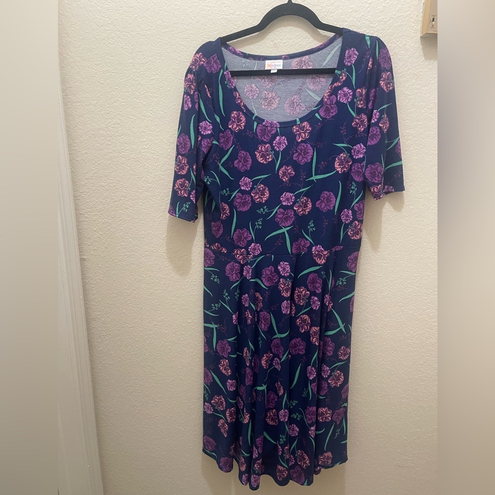 LulaRoe | Navy Floral Scoop Neck Dress with Purple Blooms